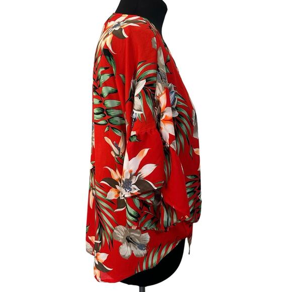 Hyped Unicorn Red Tropical Hawaiian Print Knotted Front Shrug Top, Size L - Picture 2 of 7